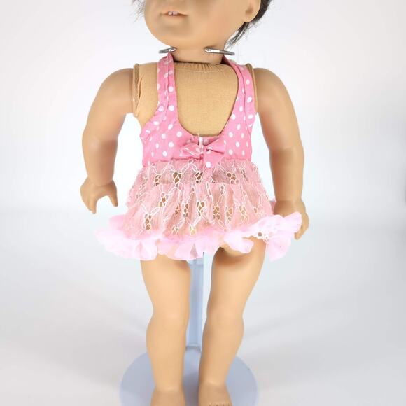 Unbranded Pale Pink & White Polka Dot Lace Halter Neck Dress for 18" Dolls - GUC - Picture 1 of 9